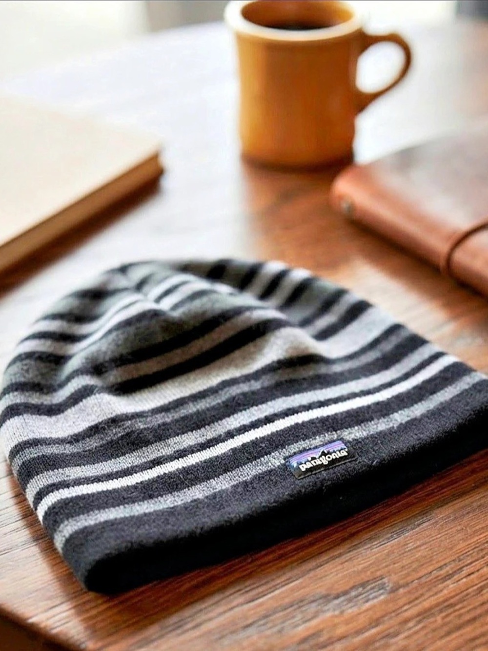 Patagonia Men’s Wool Blend Striped Beanie in Black & Gray